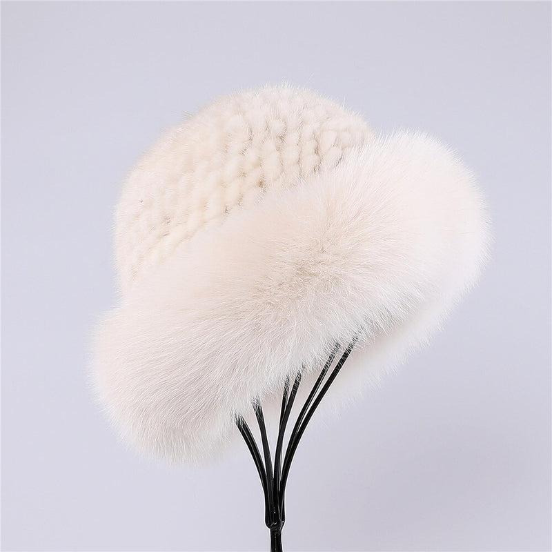 SUPPEV&amp;STTDIO Luxury Women&#39;s Winter Warm 100% Mink Fur Knitted Bucket Hat Fox Fur Trim Caps Top Beanies Hats