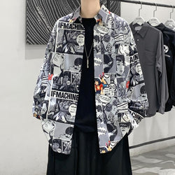 Mens Harajuku  Vintage Shirts 2021 Man Streetwear Printing Long Sleeve  Casual Button Up Shirt