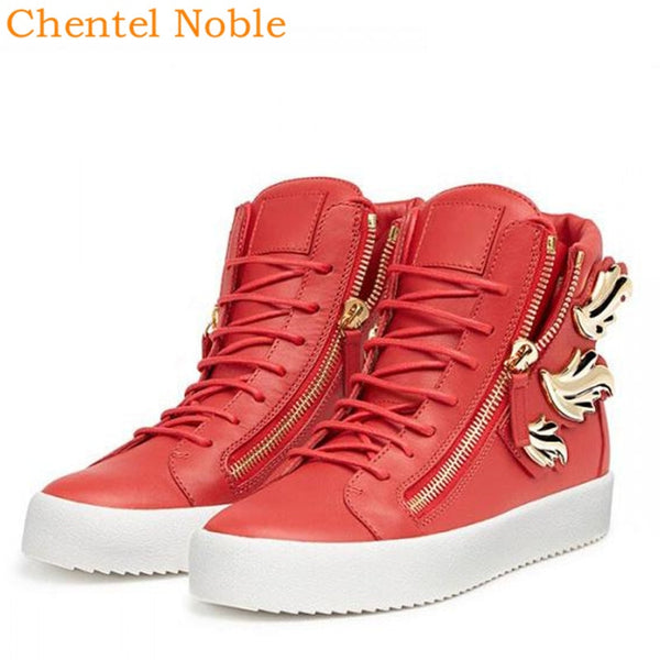 Chentel Double Wings Leather Flats Lace-Up Zip Sneakers Big Size